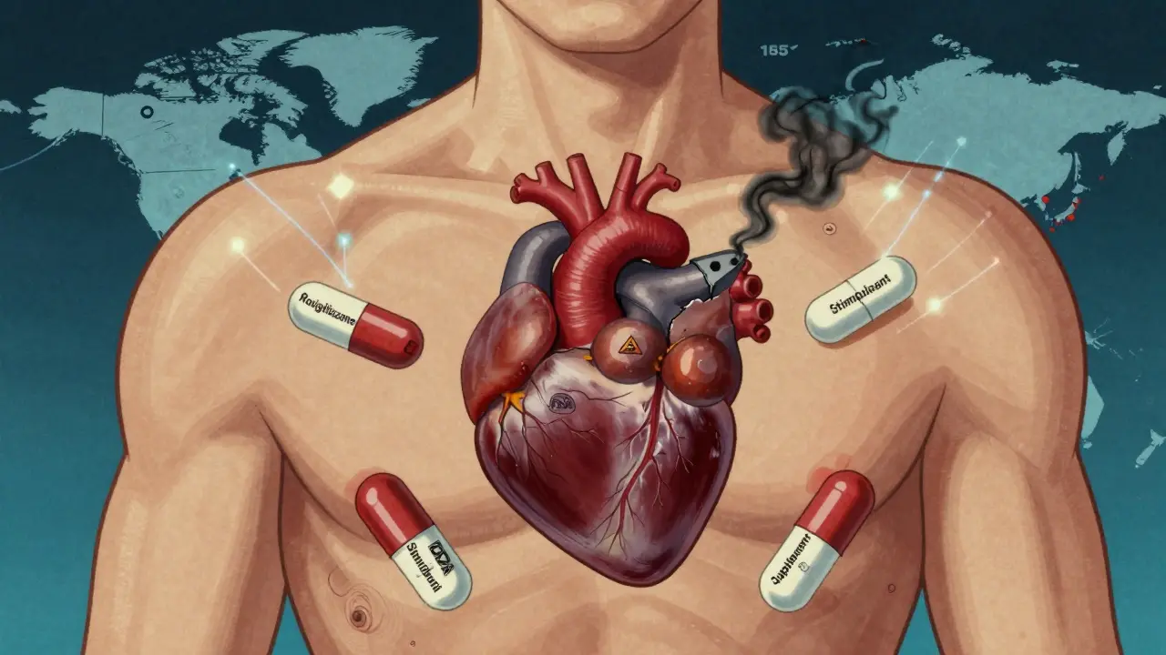 A human torso with floating pills and global health data streams in retro sci-fi style.