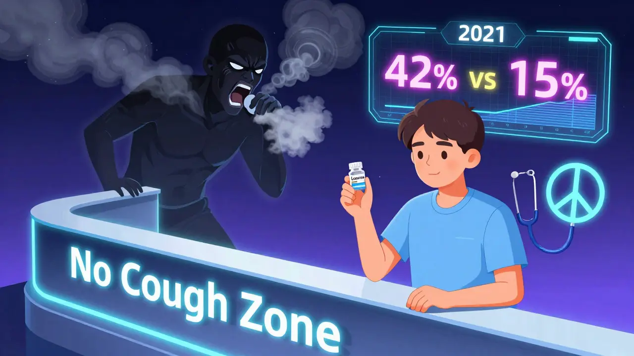 A patient holding an ARB pill beside a 'No Cough Zone' barrier, with a coughing ACE inhibitor figure and glowing data chart in retro-futuristic style.