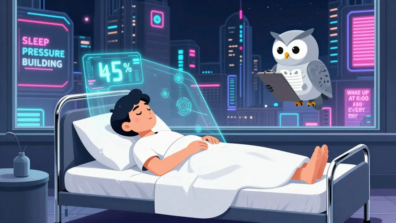 A person in a futuristic bedroom watches a holographic sleep meter, with a robotic owl observing as neon signs glow outside.