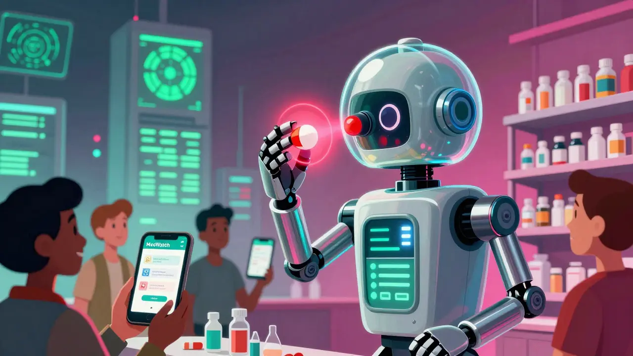 A pharmacy robot scanning medications with a glowing red warning pill in focus.