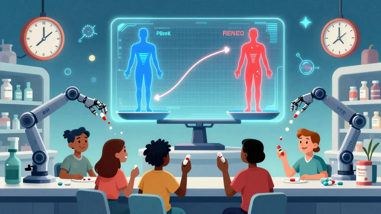A robotic pharmacy counter handing out generic and brand pills, with holographic body models showing matched drug absorption in retro-futuristic style.