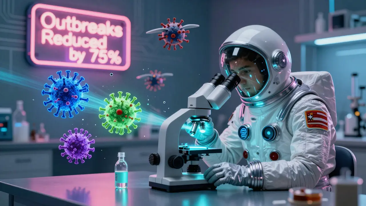 A scientist analyzing a glowing HSV-2 virus with antiviral pills emitting colored pulses in a retro-futuristic lab.