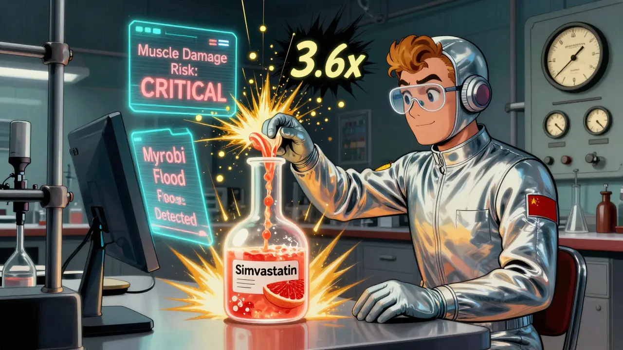 A scientist watches simvastatin levels spike 3.6x as grapefruit juice is added in a 1970s-style lab.