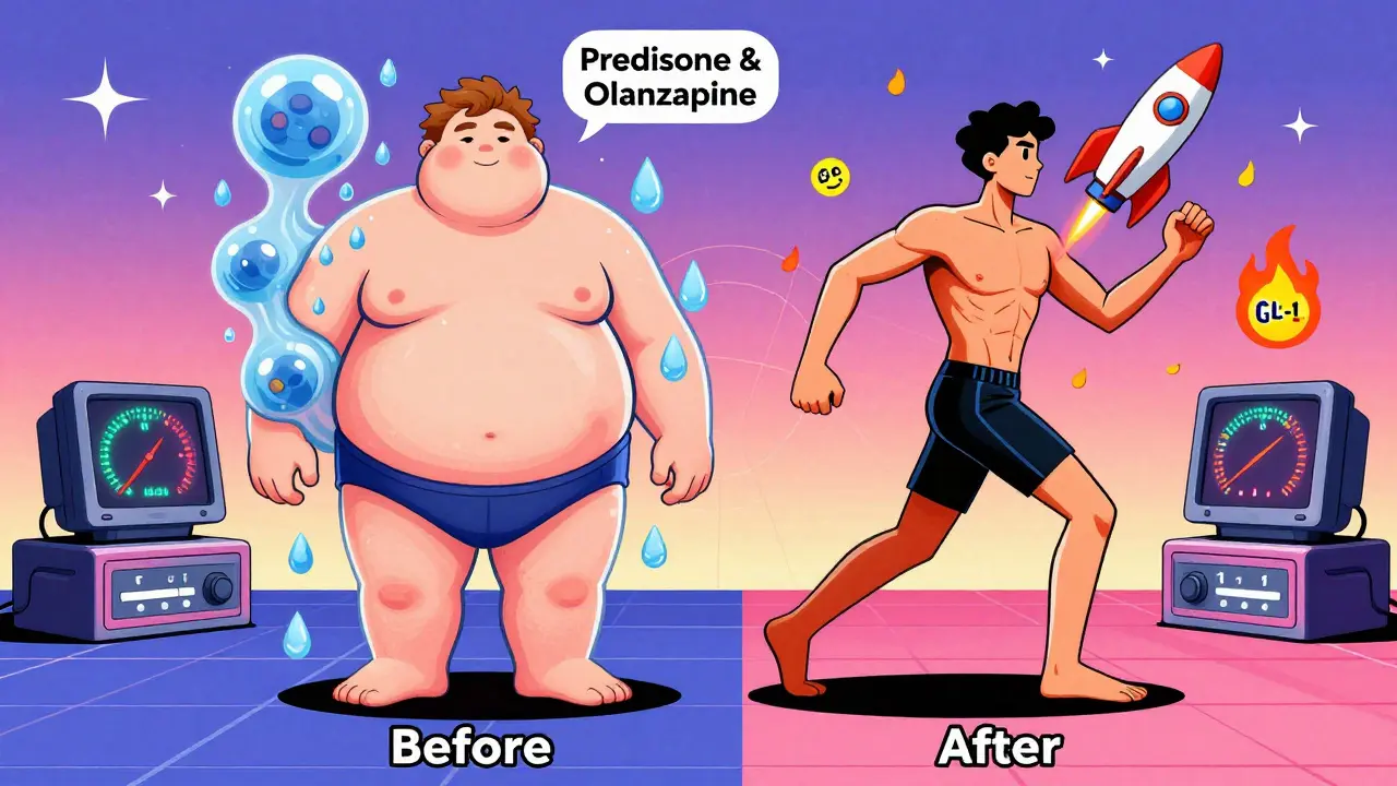 A split-body illustration showing weight gain on one side and weight loss on the other, with metabolic icons and retro-futuristic tech in the background.