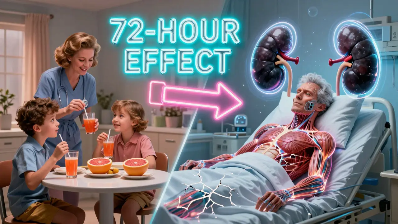 A split scene shows a happy family drinking grapefruit juice, while on the right, a patient suffers muscle damage with glowing kidneys.