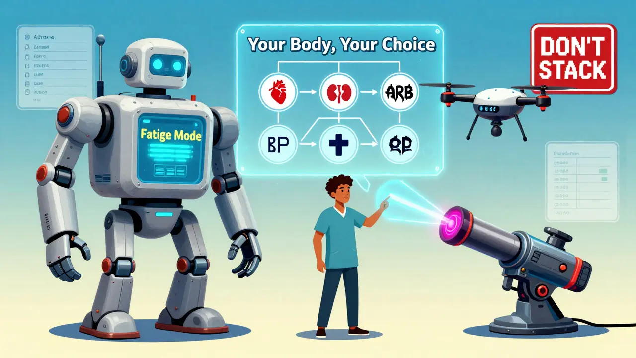 A three-way medical showdown between beta-blocker robot, ARB drone, and ACE inhibitor laser, with patient and decision tree in retro-futuristic cartoon style.