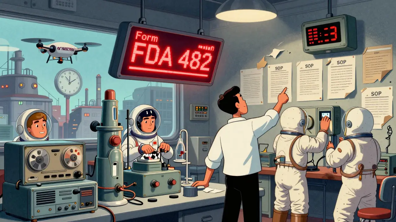 An FDA investigator examines chaotic analog equipment in a neon-lit factory with floating compliance warnings.