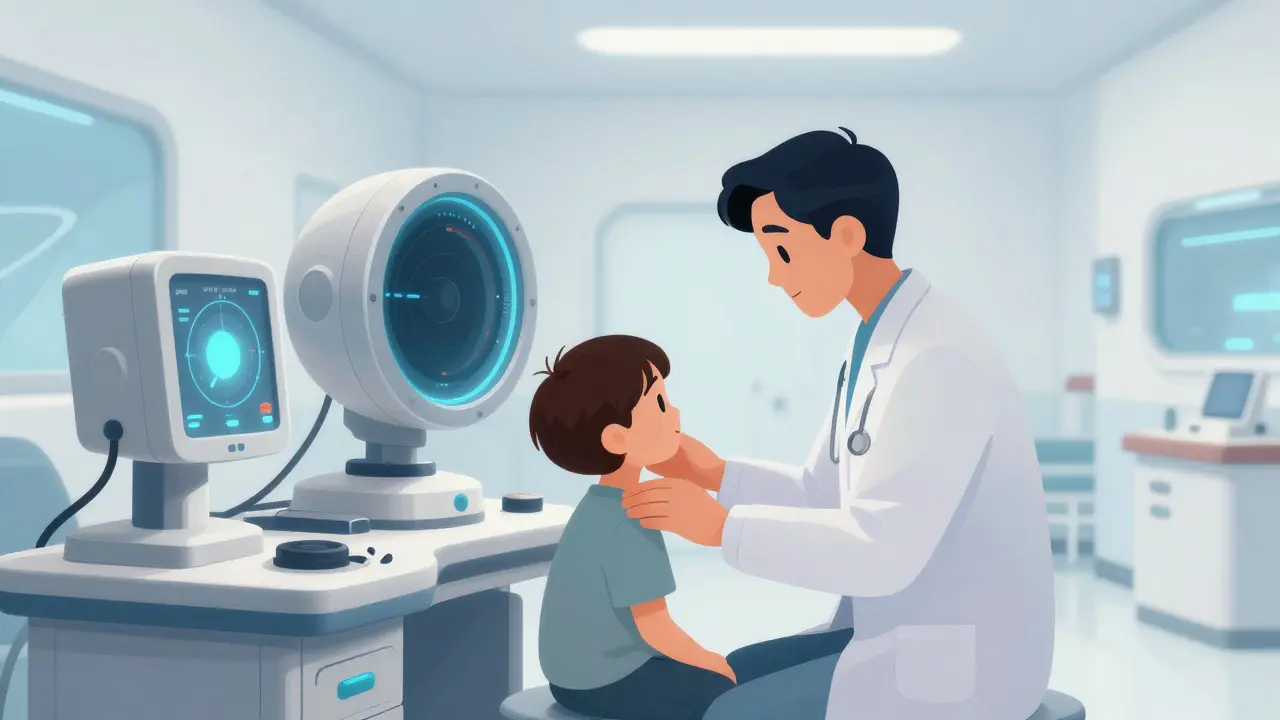 Doctor monitoring patient vitals in a retro medical facility.