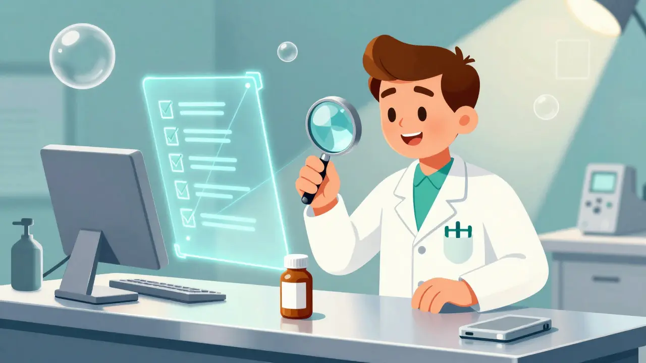 Future cartoon pharmacist inspecting a medicine bottle with a magnifier.