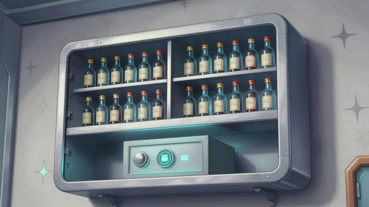 High locked cabinet storing medications safely