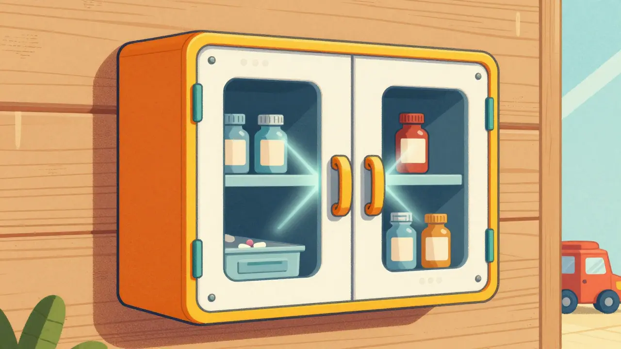 Locked medicine cabinet with smart safety technology.