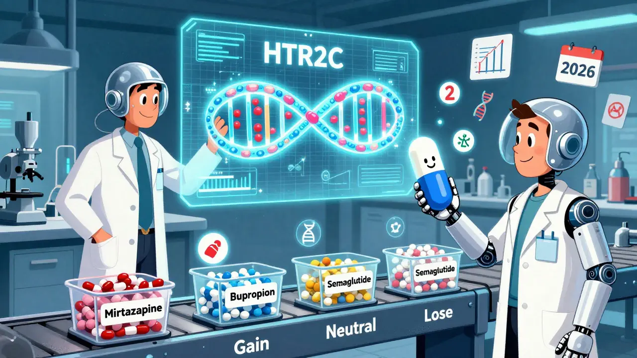 Scientists in 1960s-style lab gear analyze a glowing gene strand while a robot sorts pills by their weight impact, in a retro-futuristic lab setting.