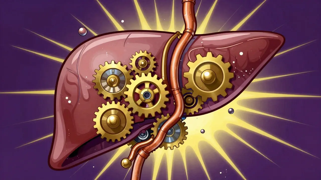 Stylized mechanical liver showing pill particles interacting with filters.