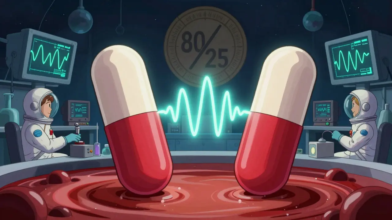 Two pills floating in a lab, emitting identical absorption curves as scientists monitor glowing readouts in a retro-futuristic setting.