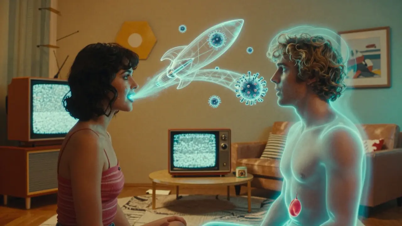 Two stylized figures connected by a viral trail, symbolizing HSV-1 to HSV-2 transmission in a retro 1980s interior.