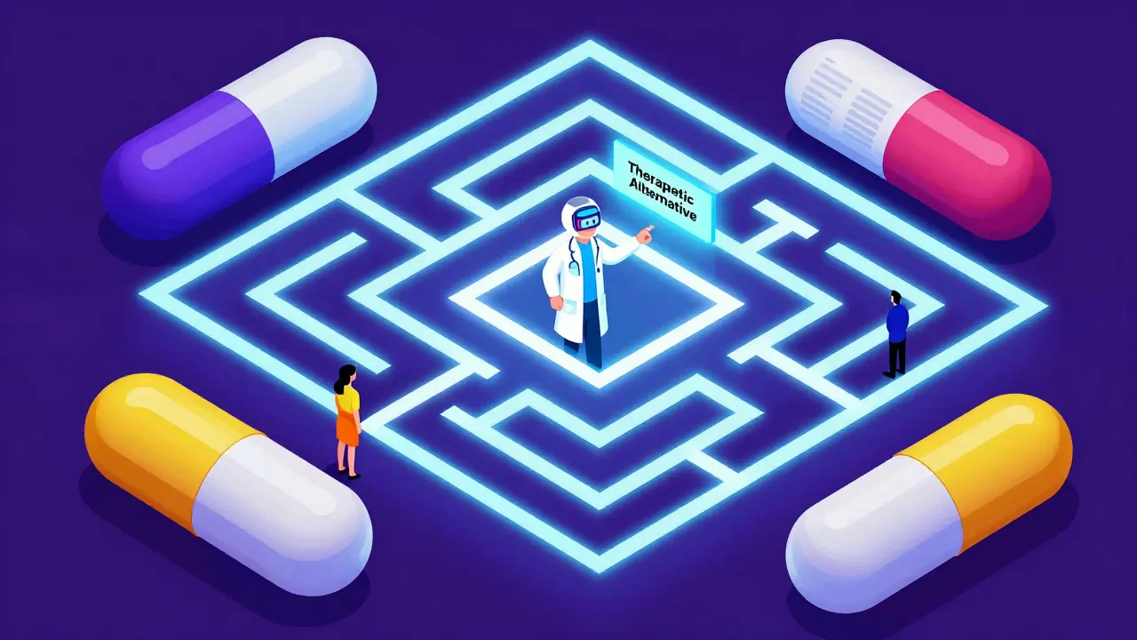 A patient navigating a neon labyrinth of giant pills and documents with a doctor's help.