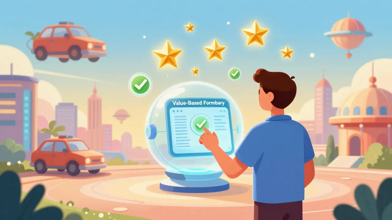 A person using a futuristic floating terminal to find affordable medication in a utopian city.