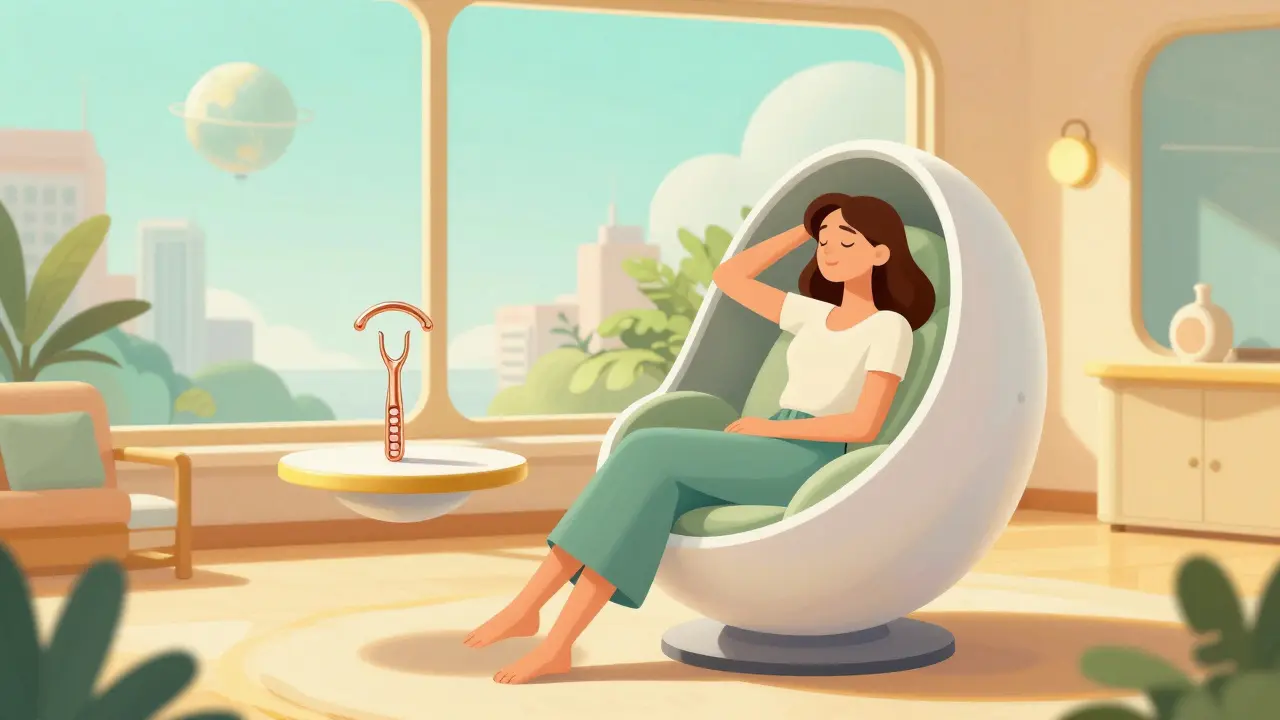 A woman relaxing in a futuristic home with a copper IUD on a table, symbolizing peace of mind.
