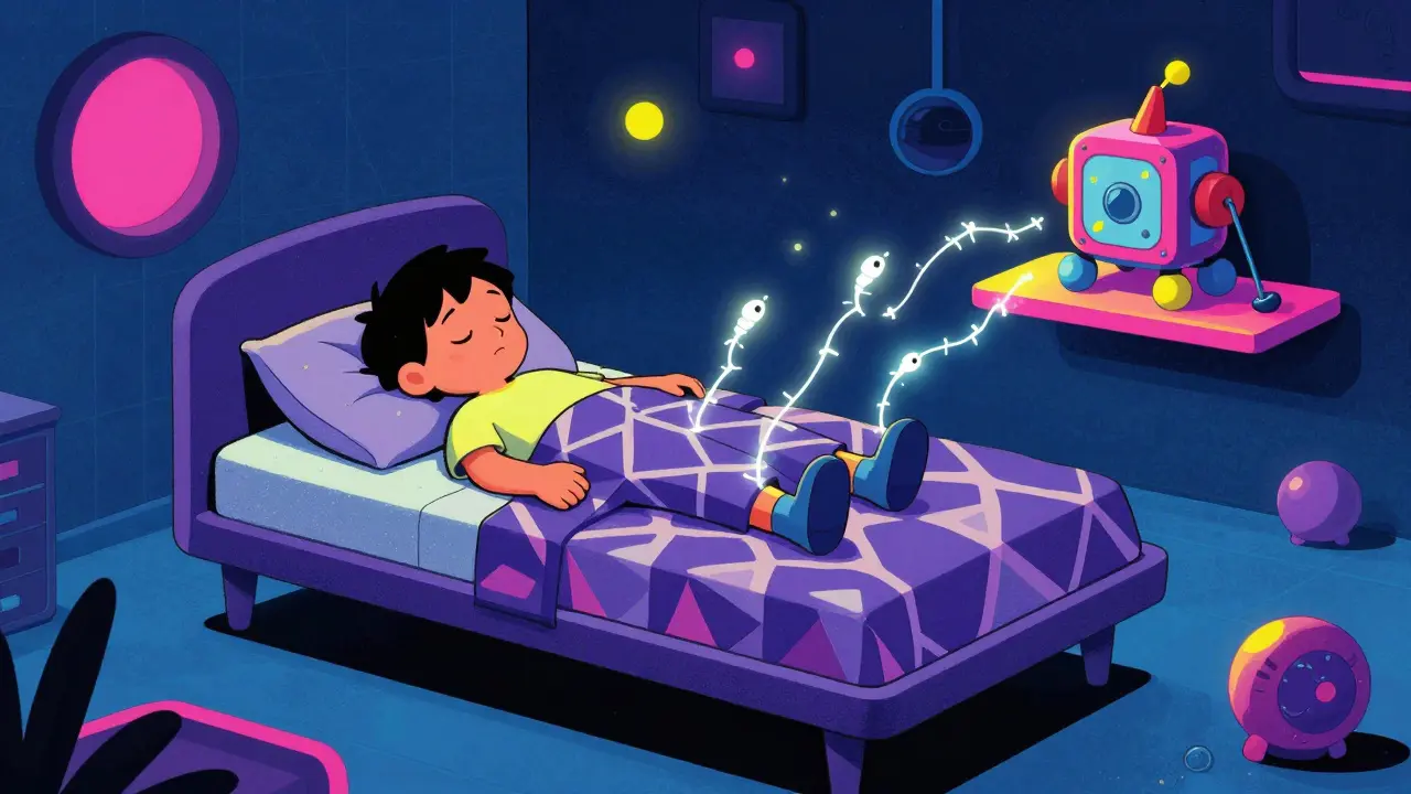 Cartoon depiction of pinworms spreading between a child's bed and toys in a futuristic home.
