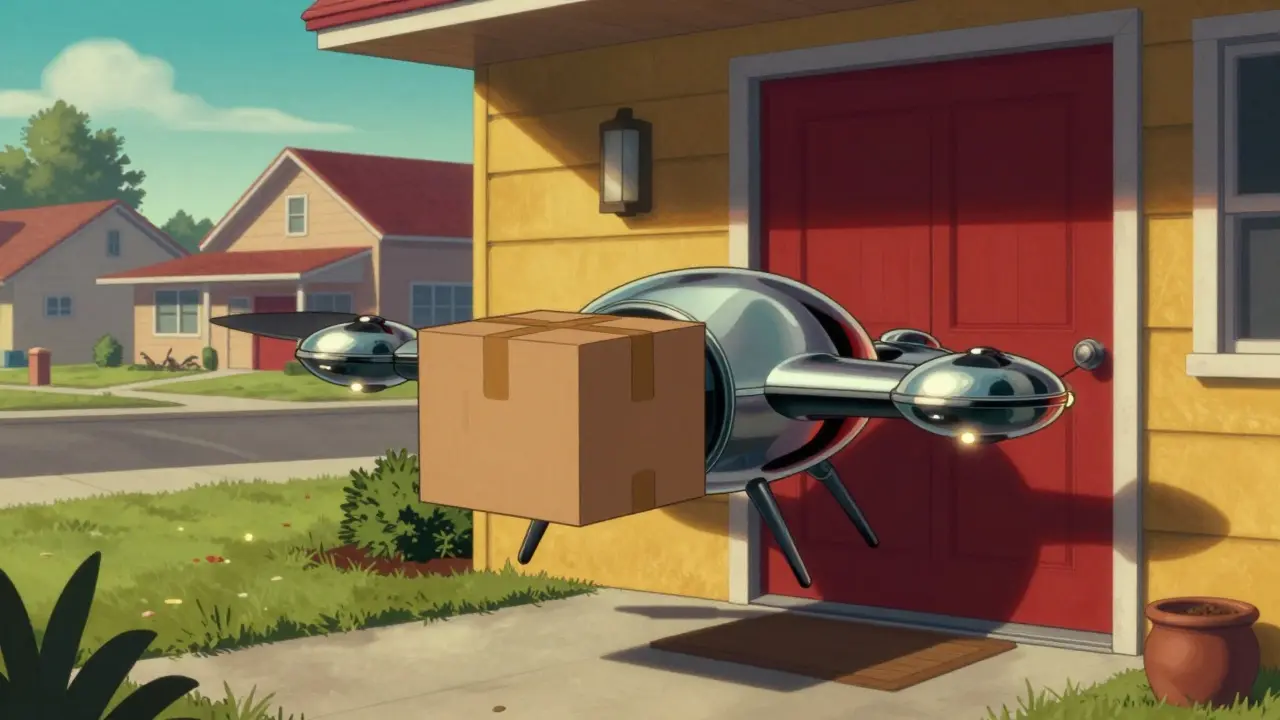 Chrome delivery drone dropping off a discreet package at a mid-century futuristic home
