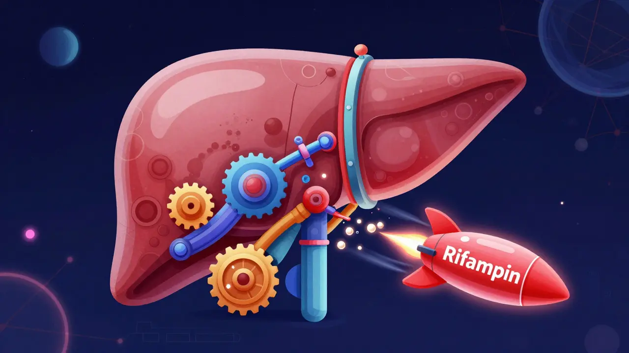 Conceptual art showing a futuristic liver enzyme machine being accelerated by a Rifampin rocket.