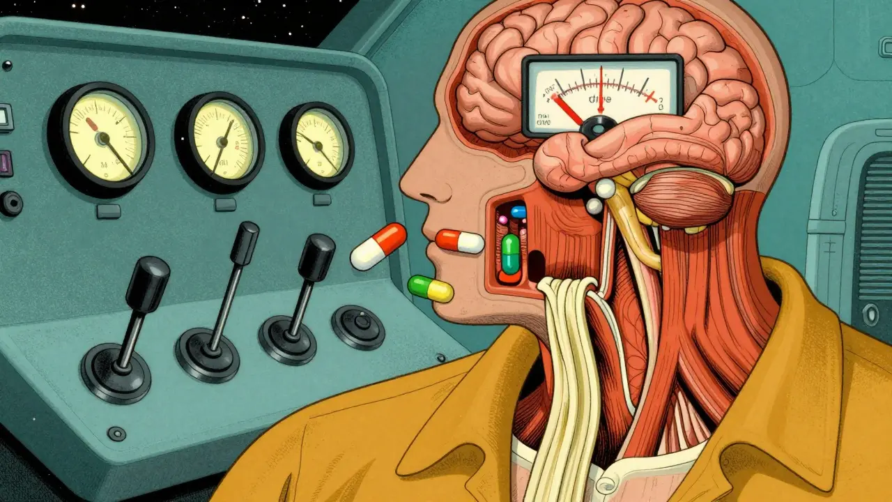 Conceptual diagram of a brain control panel and relaxed throat muscles in retro style
