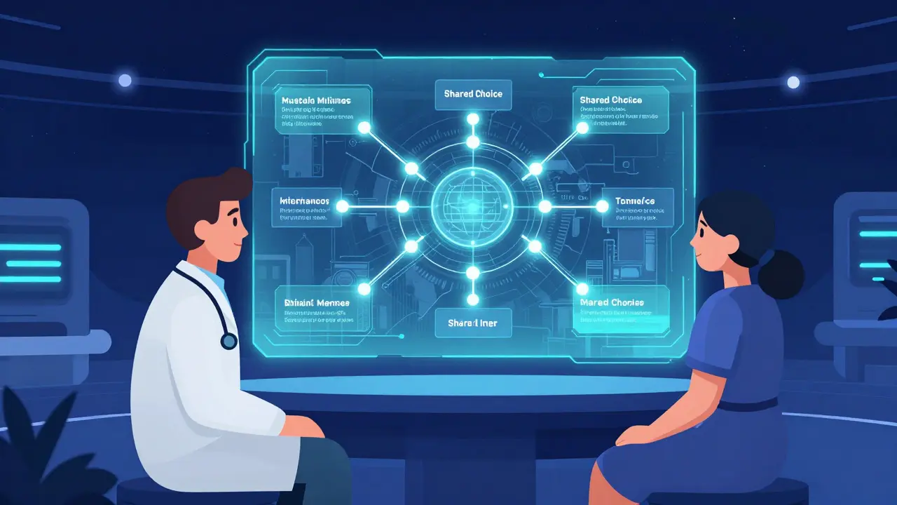 Doctor and patient jointly reviewing a holographic map of medication paths.