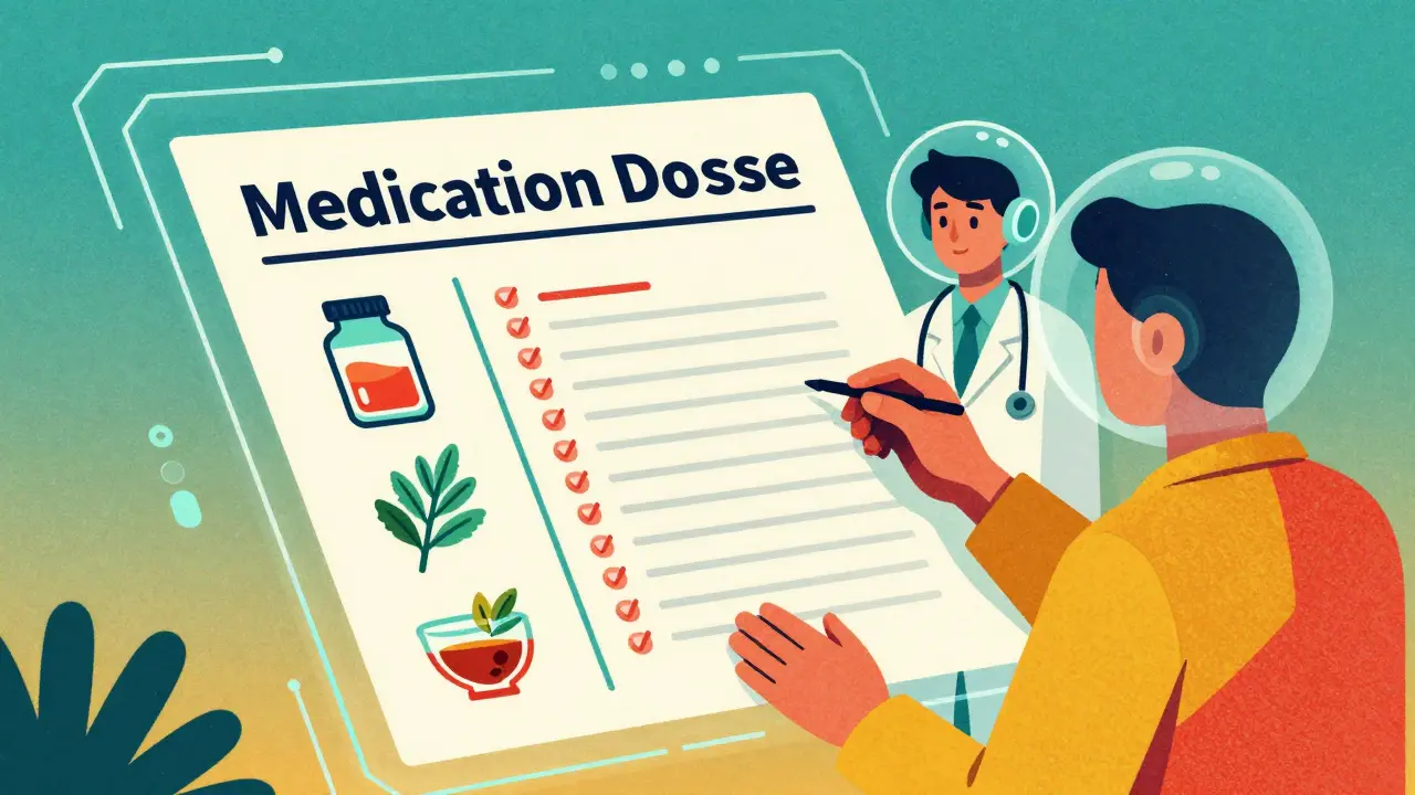 Doctor and patient reviewing a holographic medication list in retro-futuristic style.