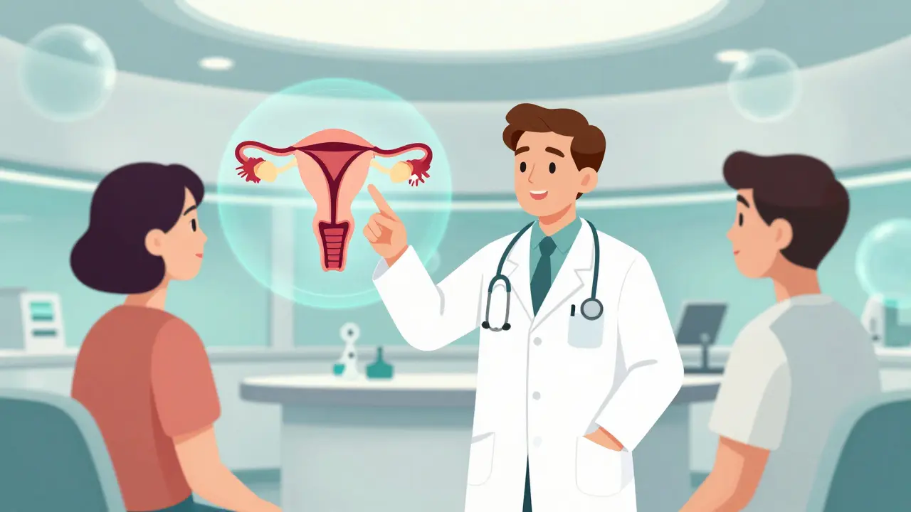 Doctor explaining ovulation using a holographic diagram in a sci-fi clinic