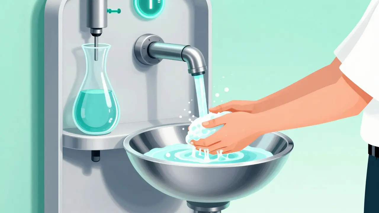 Futuristic hygiene station showing handwashing and advanced water filtration.
