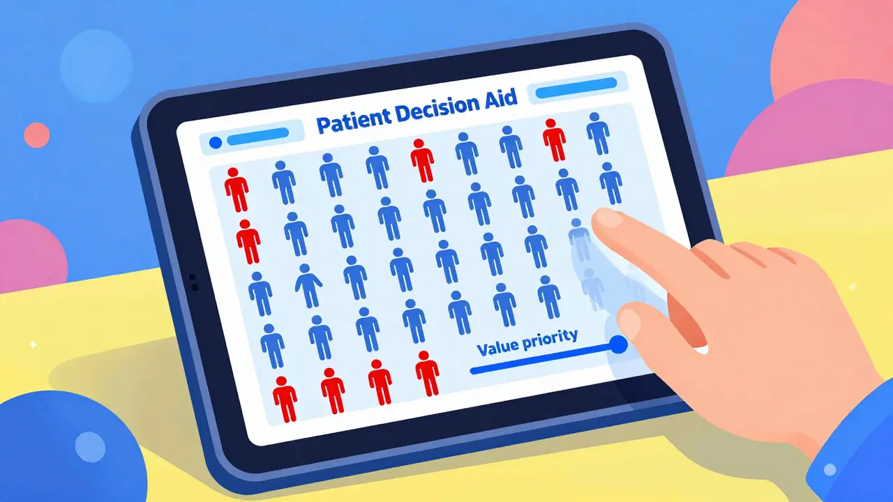 Futuristic tablet showing a visual risk grid with colored humanoid icons.