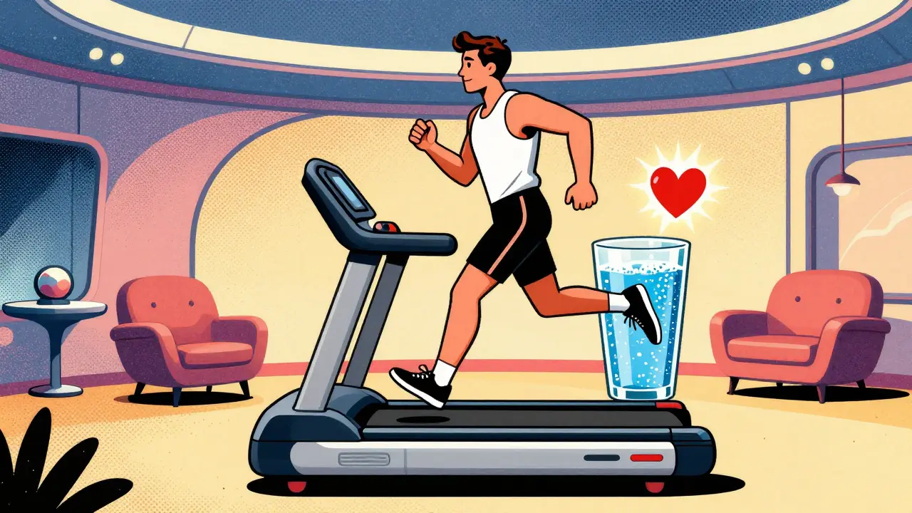 Man exercising on a floating treadmill in a retro-futuristic room to promote heart health