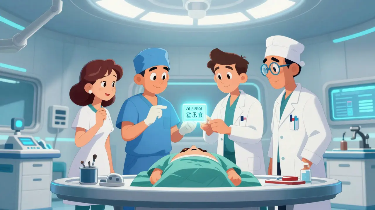 Medical team confirming a patient's allergy card in a futuristic surgical suite.
