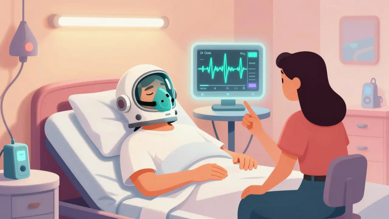 Person sleeping with a futuristic CPAP mask and a holographic health monitor