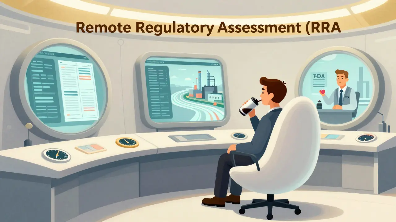 Retro-futuristic depiction of a remote digital regulatory audit via a control center.