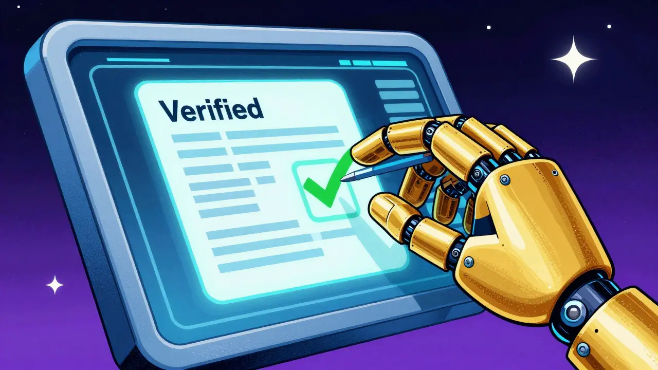 Robotic hand verifying a digital prescription on a futuristic interface