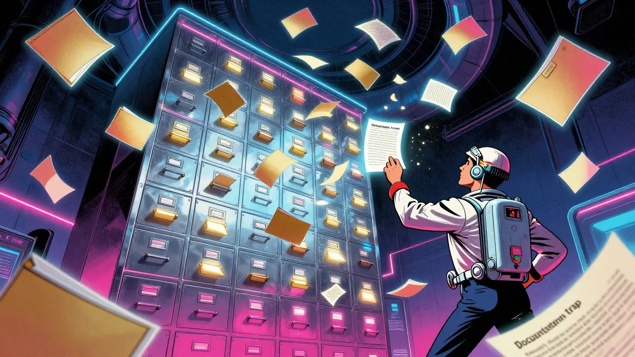 Stylized retro-future scene of a technician overwhelmed by a whirlwind of digital records.