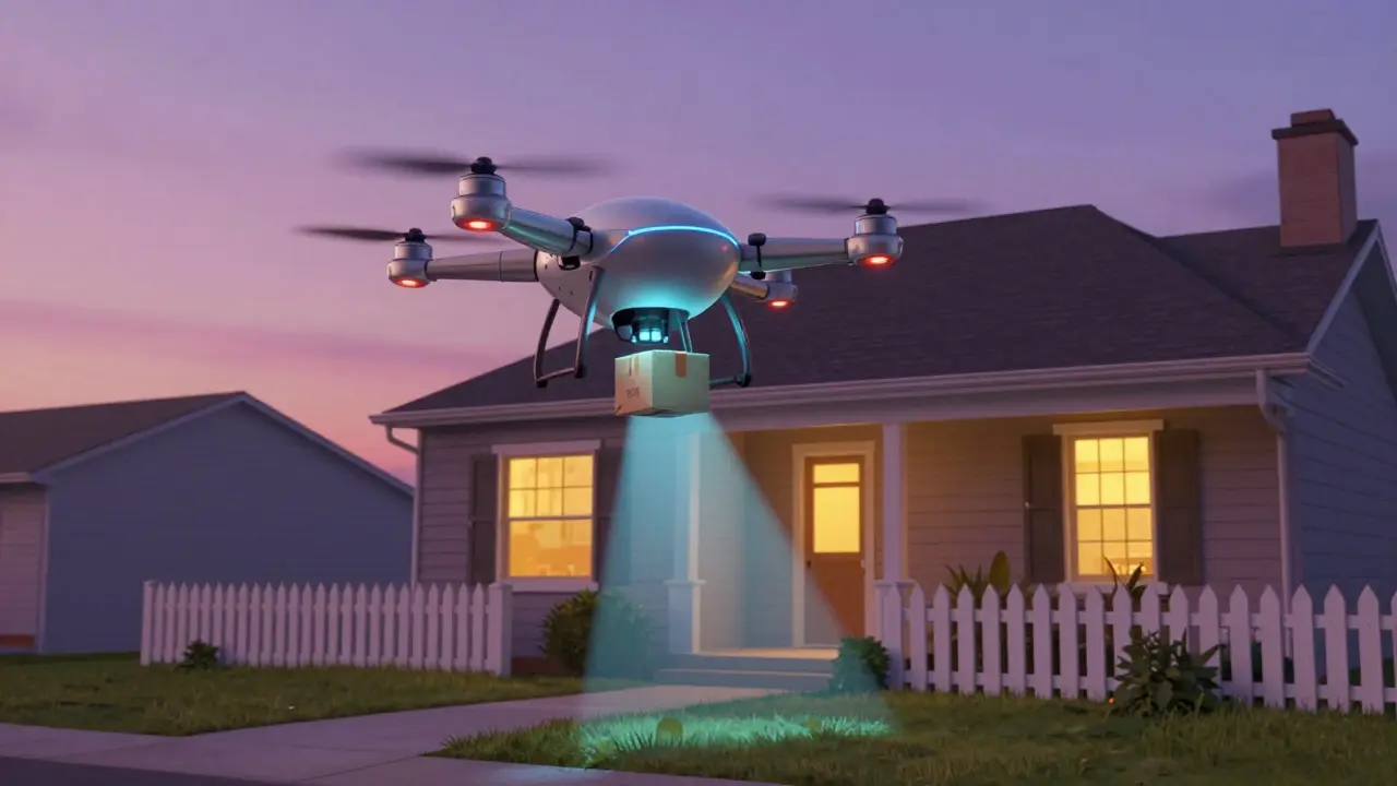 A futuristic drone delivering a medicine package to a porch