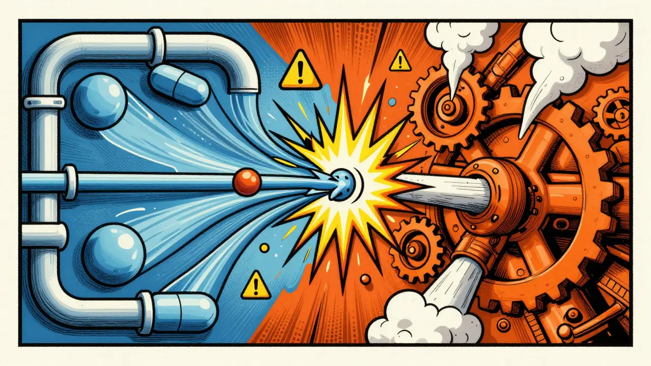 Abstract illustration of drug interaction causing blood pressure chaos