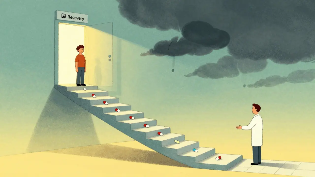 Cartoon patient descending a staircase toward recovery during steroid taper
