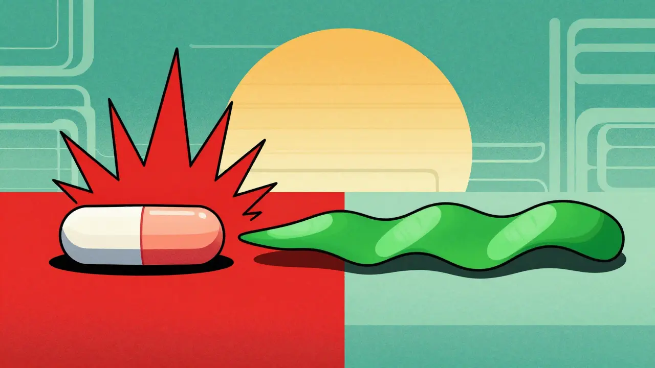 Comparison of rapid vs slow drug release in cartoon style