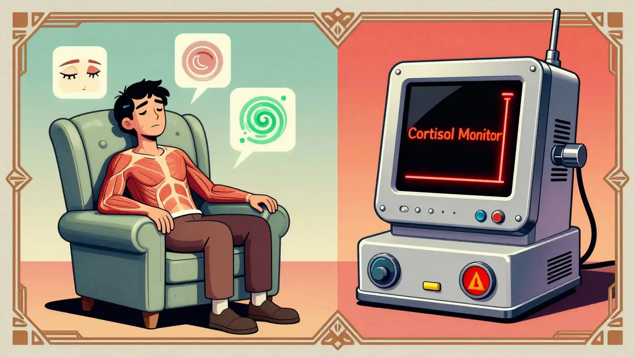 Conceptual art showing fatigue symptoms and low cortisol levels in a patient.