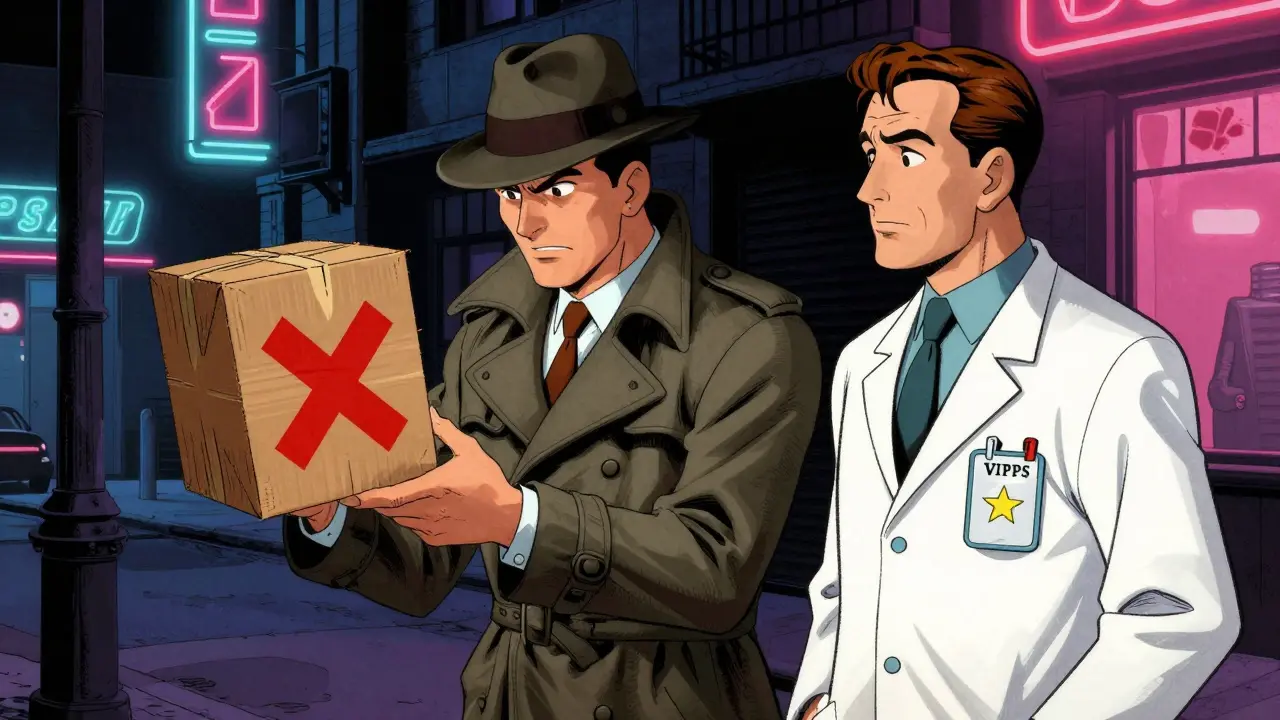 Detective checking suspicious package next to pharmacist in noir style