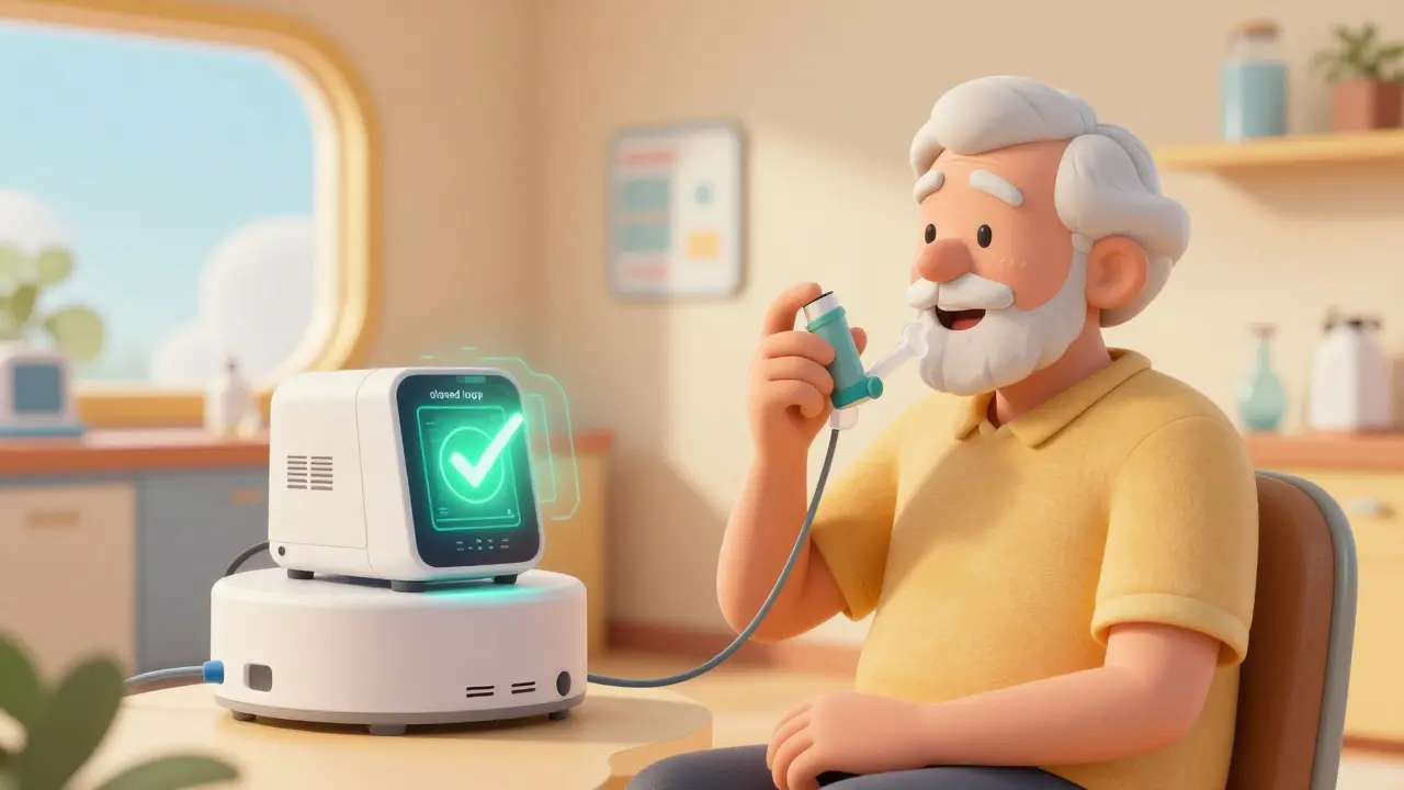 Elderly patient using smart inhaler with spacer in retro lab