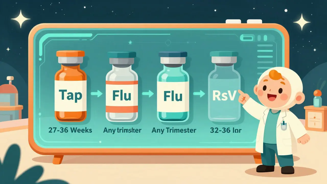 Futuristic calendar showing optimal timing for Tdap, flu, and RSV vaccines during pregnancy.