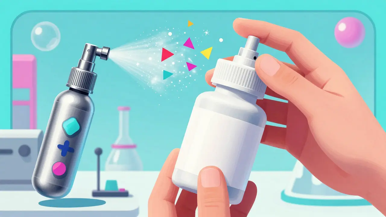 Futuristic gadget dissolving pill bottle label into sparkles