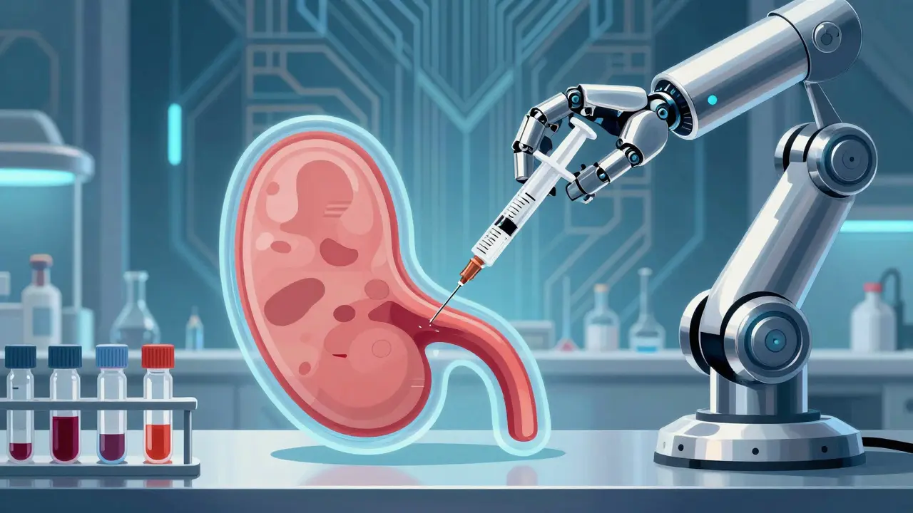Futuristic lab scene depicting an ACTH injection into a stylized adrenal gland