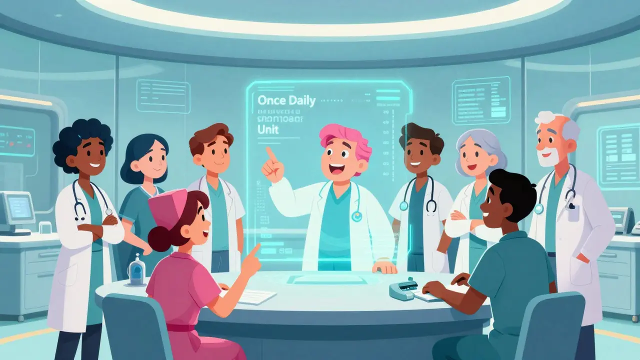 Healthcare team using AI interface for clear medication orders in futuristic clinic