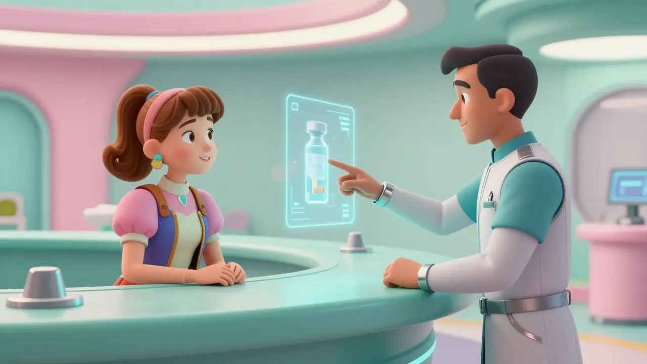 Healthcare worker and patient reviewing medication details at a futuristic counter.