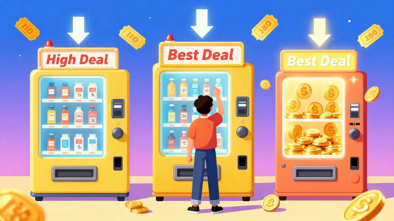 Illustration of comparing prices at different online pharmacies